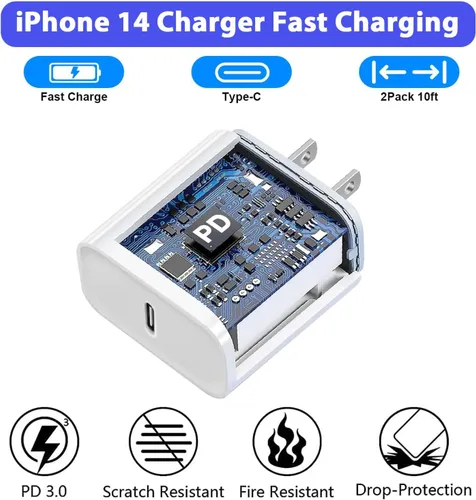 Vista 5 de Cargador rápido para iPhone de 3 metros, paquete de 2 [certificado Apple MFi] bloques de carga rápida USB C para iPhone, cargador de pared PD