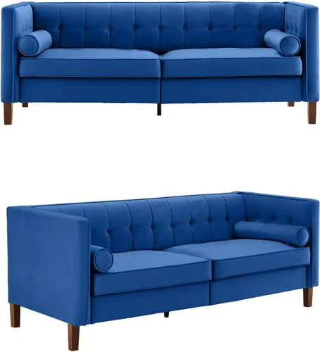 Vista 9 de Sofá de terciopelo de 78 pulgadas, sofá de 3 plazas con almohadas de refuerzo, diseño copetudo con botones Azul