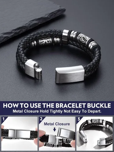 Vista 8 de Bandmax Pulseras de Puño de Cuerda de Cera Doble Negra para Hombres Impermeables de Acero Inoxidable Estilo Nórdico Nudo Celta Cuentas Pulsera