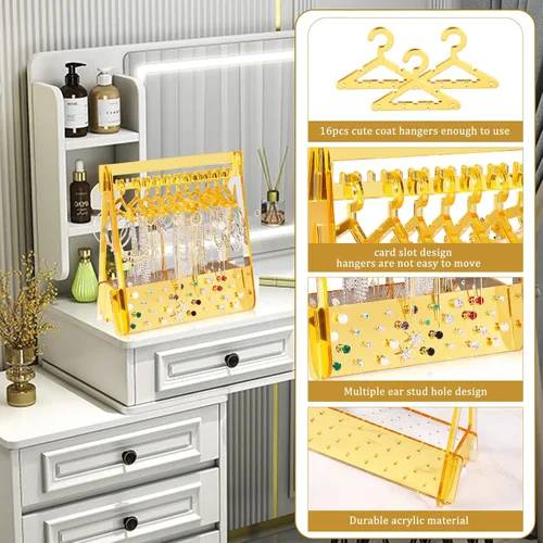 Vista 5 de DI QIU REN Soporte para aretes, soporte de acrílico para aretes con 16 mini perchas, soporte de exhibición de aretes dorados, organizador