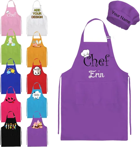 Vista 12 de Delantal personalizado para niños y sombrero de chef, delantal personalizado para niños con nombre, delantal de pintura personalizado, para cocinar