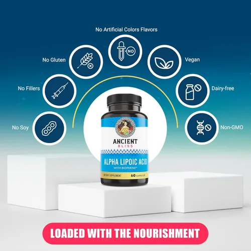 Vista 3 de Ancient Bliss Suplemento de ácido alfa lipoico, antioxidante y apoyo energético, suplemento ALA con bioperina, sin gluten y soja, 600 mg por