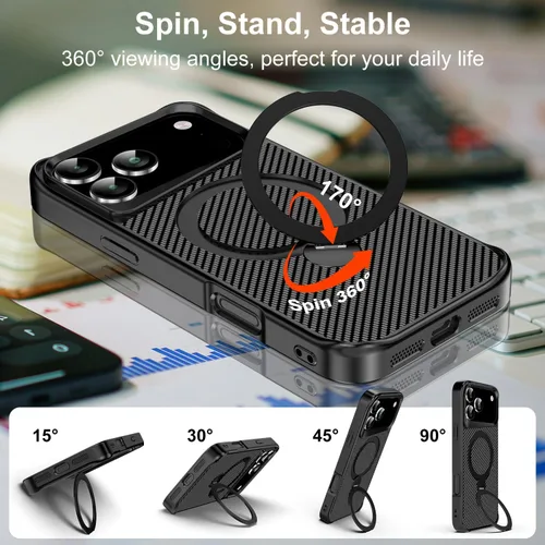 Vista 3 de Funda para iPhone 17 Pro Max con soporte magnético de 360° [compatible con MagSafe], funda protectora de fibra de carbono + 2 protectores de Negro