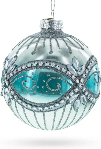 Vista 2 de Elegante adorno de Navidad de bola de cristal con joyas de plata y azul