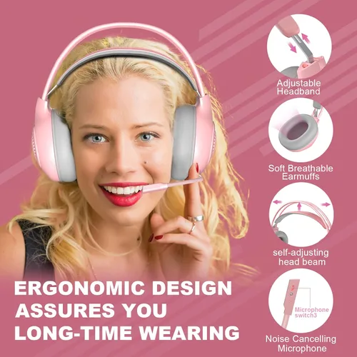 Vista 4 de Emonoo Auriculares para juegos rosa con decoraciones de orejas de gato, auriculares con cable con micrófono de cancelación de ruido y efecto de luz