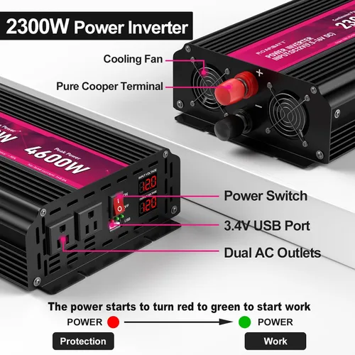 Vista 3 de Inversor de corriente de 2300 W, de 12 V CC a CA 110 V/120 V de potencia máxima de 4600 W con 2 tomas de CA y 2 puertos USB 2.4, pantalla LCD.