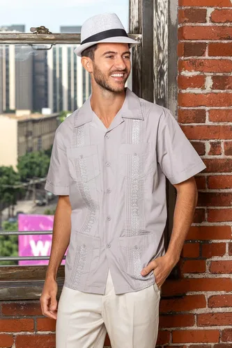 Vista 3 de Camisa mexicana cubana para hombre, cuatro bolsillos, manga corta, clásica, vacaciones, playa, boda, bordado, Pintuck, camisa relajada