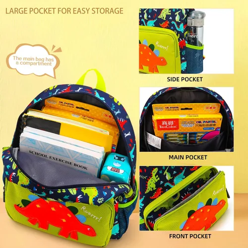 Vista 5 de Mochila escolar de dinosaurio para niños y niñas, preescolar, anaranjado (Orange dinosaur), Moderno