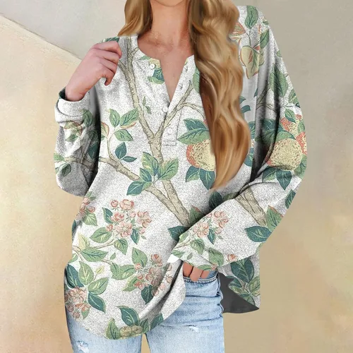 Vista 2 de Sudadera de manga larga para mujer, casual, cuello redondo, de gran tamaño, con botones, ajuste holgado, estilo vintage, casual, de algodón