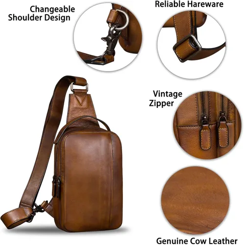 Vista 6 de IVTG Bolso bandolera de cuero genuino para hombres y mujeres, mochila vintage de cuero real, bolso cruzado de hombro, bolso de pecho