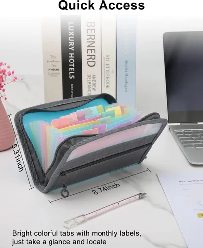 Vista 5 de Organizador de archivos de acordeón pequeño, 13 bolsillos tamaño A6, organizador de cupones de recibos, mini carpeta de archivos expandible portátil