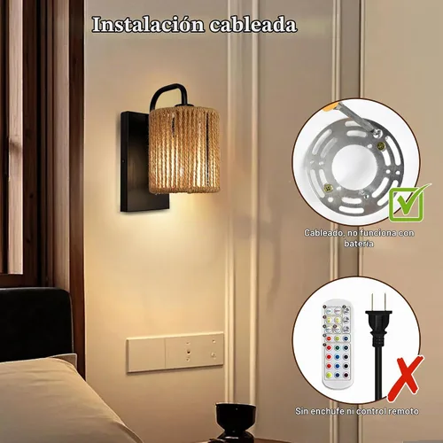 Vista 9 de Aplique de pared boho de ratán apliques de cuerda de cáñamo Estilo de ratán tejido
