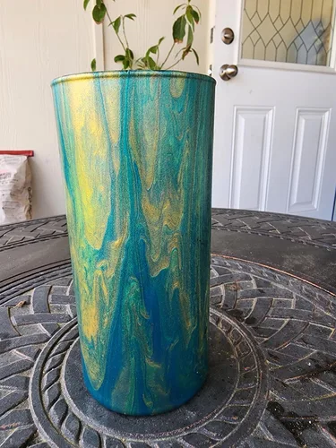 Vista 6 de Enchanting Hand-Pour Painted Glass Cylinder Flower Vase for Home and Office - 7 Inches of One of a Kind Artistry by WanderLost Artz (Gold & Teal)