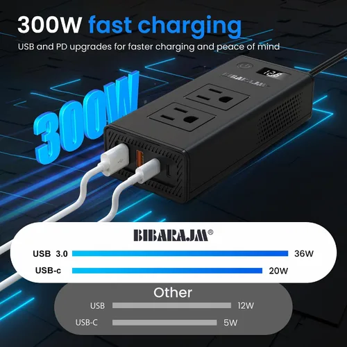 Vista 4 de Convertidor de voltaje de automóvil de 300 W, inversor de CC de 12 V a CA, puertos de 110 V, cargador de coche de carga rápida con enchufe