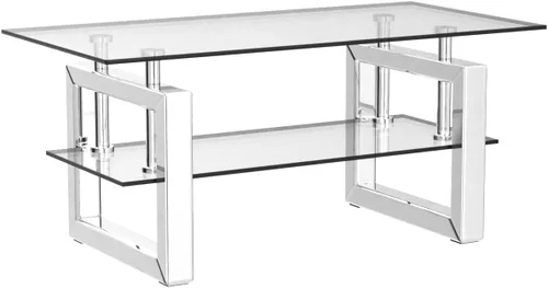 Vista 5 de IKIFLY Mesa de centro de cristal con tablas de vidrio de 2 niveles y patas de metal resistentes, mesa auxiliar rectangular de vidrio transparente