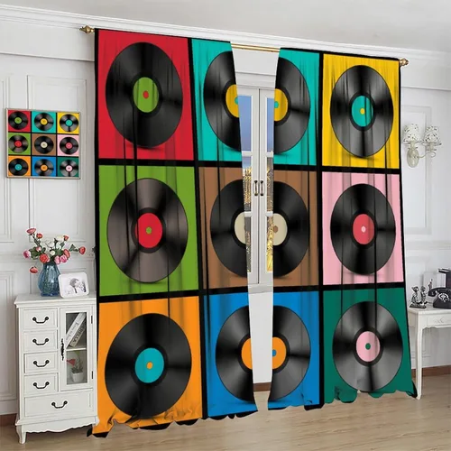 Vista 5 de Cortinas de música retro, discos musicales, álbum musical, guitarra de rock, decoración de bolsillo para barra, tratamientos de ventana para niños