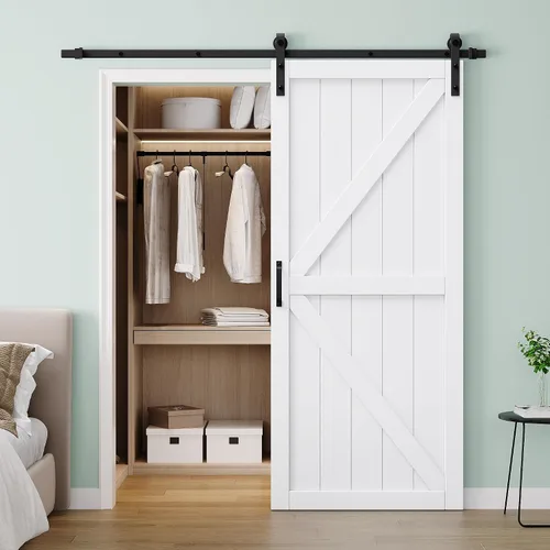 Vista 22 de 30"x84" 1-Lite Double Side Mirror Barn Door Slab with 6FT Track Kit, Handle White / 1-Lite Double Side Mirror