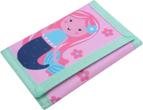 Vista 2 de Carteras infantiles para niñas y niños, billetera de lona triple plegable para exteriores con adhesivo mágico para niños, Sirena