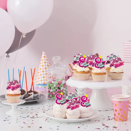 Vista 7 de 18 piezas de decoración de cupcakes de patinaje sobre ruedas para cumpleaños de 8 años, para niñas, patinaje sobre ruedas para fiesta de cumpleaños