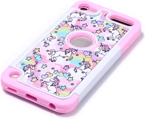 Vista 3 de Compatible con iPod Touch 5, 6ª, iPod 7ª generación, diseño de unicornio arco iris, a prueba de golpes, con diamantes de imitación, funda híbrida