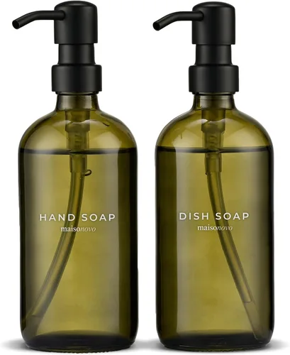 Vista 23 de MaisoNovo Dispensador de jabón de 1 pieza Botellas ámbar de 16.9 oz con bombas de plástico negro