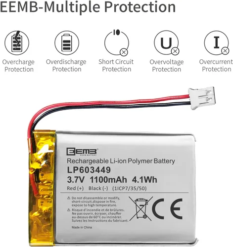 Vista 5 de EEMB 3.7V Lipo Batería 1100mAh 603449 Recargable JST 0.079 in, 1-Pack