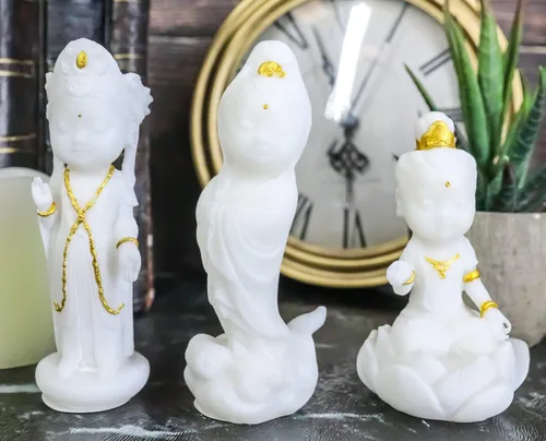 Vista 8 de Ebros Gift Pequeño Feng Shui Cultural Art Fortuna Charm Blanco y Oro Buda Figurita Bodhisattva Hotei Mini Budas Talismán Escultura
