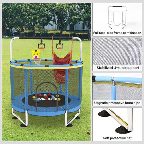 Vista 2 de Trampoline for Kids, 55 Inch Adjustable Baby Toddler Trampoline with Basketball Hoop, 440lbs Indoor Outdoor Toddler with Enclosure (Blue)