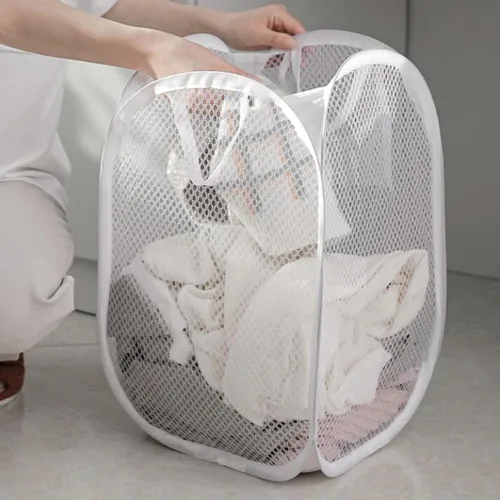Vista 2 de Cesta de lavandería grande, con asas, cesta ligera plegable, bolsa de lavandería plegable, almacenamiento de ropa duradero, cesta de ropa alta Blanco