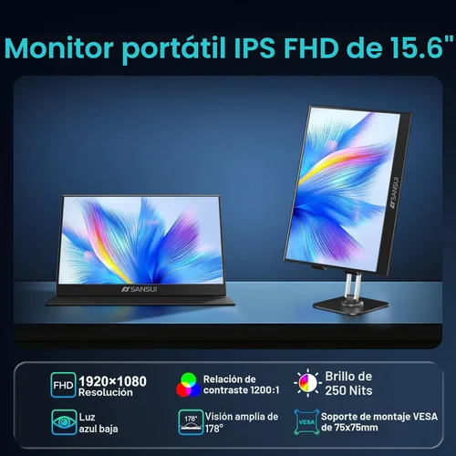 Vista 2 de SANSUI Monitor portátil de 15.6 pulgadas FHD 1080P Monitor de viaje para laptop, USB C HDMI ultrafino IPS pantalla de computadora con altavoces