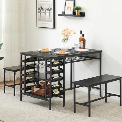 Vista 8 de IDEALHOUSE Juego de mesa de comedor para 4, juego de mesa de cocina para 4 con 2 bancos, juego de mesa de comedor rectangular con estante para Negro