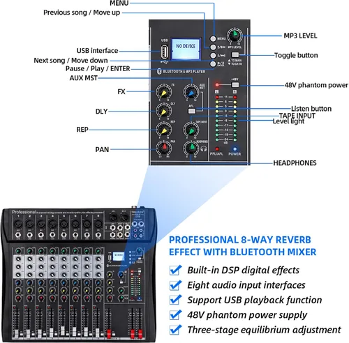 Vista 6 de Depusheng DT8 Mezclador profesional, tablero de sonido, consola de 8 canales, interfaz de sistema de escritorio, USB digital, entrada de computadora