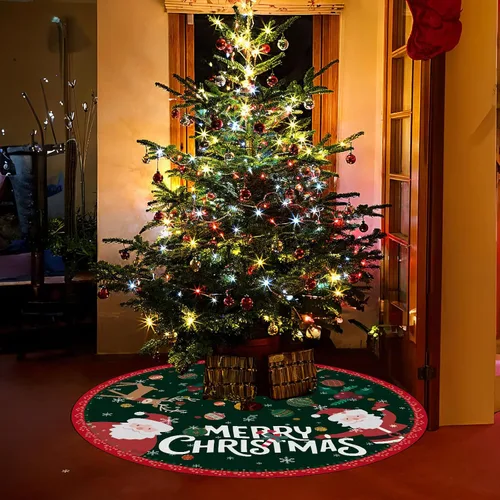 Vista 5 de Falda de árbol de Navidad redonda, decoraciones navideñas falda de árbol verde retro, falda de árbol de Navidad Feliz Navidad de 48 pulgadas, adorno