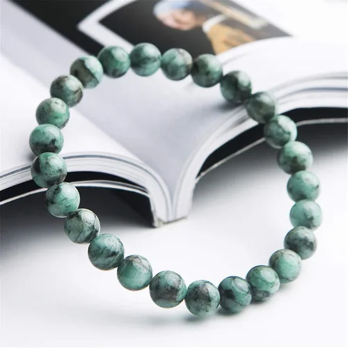 Vista 3 de Pulsera de perlas redondas de piedras preciosas verdes naturales de 0.276 in para mujeres y hombres AAAAA, Cristal, Piedra preciosa esmeralda natural