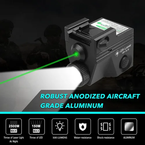 Vista 2 de QR-Laser Green Laser Sight with 500 Lumens Tactical Flashlight, Magnetic USB Rechargeable Gun Light Combo for Picatinny Rail, Strobe Function for