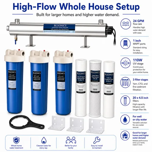 Vista 3 de Bluonics Sistema purificador de filtro de agua de pozo de carbono y sedimentos UV de 110 W con puertos NPT de 1 pulgada, UV de 24 GPM con 3 filtros