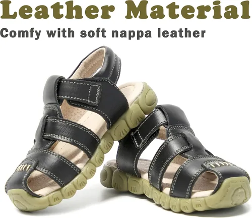 Vista 2 de Athlefit Sandalias de cuero para niños y niñas, con puntera cerrada, sandalias de cuero para deportes al aire libre, sandalias casuales, 0 Toddler