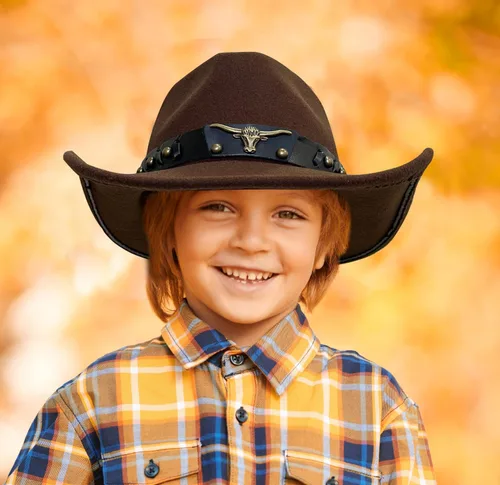 Vista 7 de Jastore Sombrero de vaquero occidental para niños y niñas, clásico vaquero con cinturón de hebilla