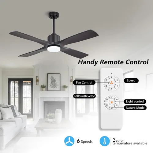 Vista 3 de WINGBO Ventilador de techo CC de 54 pulgadas con luces y control remoto, 4 cuchillas de madera maciza tallada, motor CC reversible de 6 velocidades