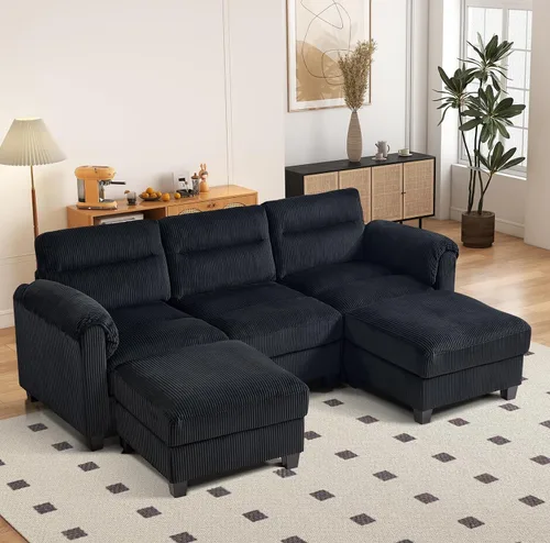 Vista 71 de HAOMARKETS Sofá esquinero modular en forma de L de 115 pulgadas con 2 otomanas móviles, sofás de pana de 8 plazas con cojín grueso para sala de Beige