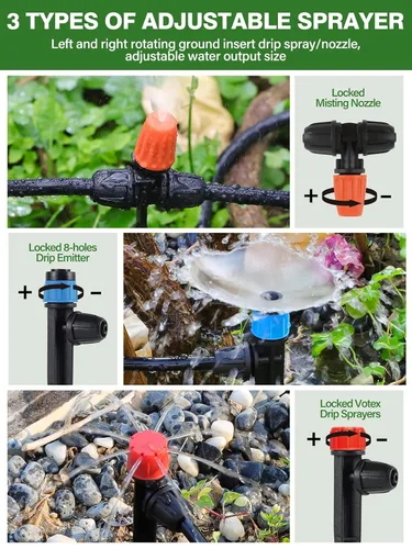 Vista 5 de Kalolary - Kit de riego por goteo automático de 150 pies con rociador de césped, sistema de riego de jardín de 1/4 pulgadas y 1/2 pulgadas con tubo