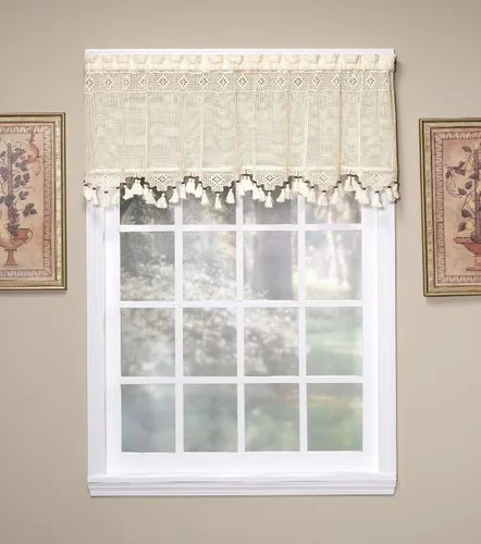 Vista 3 de Today's Curtain Gettysburg - Cenefa tejida de ganchillo de 20 pulgadas con borlas con cuentas, color crudo