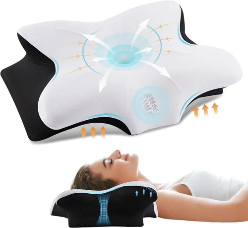 Vista 13 de Almohada cervical de espuma viscoelástica para cuello y hombros, almohada cervical de contorno ergonómico para dormir con 2 alturas, almohadas