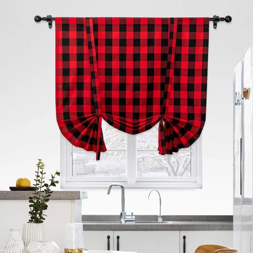 Vista 83 de Cenefas de cortina para ventana de 16 pulgadas de largo, 2 paneles de cuadros búfalo, cortinas pequeñas con bolsillo para barra, estilo clásico