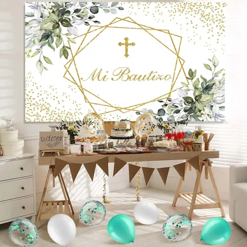 Vista 4 de Mi Bautizo - Telón de fondo para primera comunión para bautismo, recién nacido, baby shower, fondo dorado con purpurina, vegetación, eucalipto