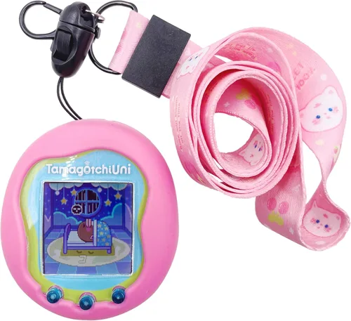 Vista 2 de Funda de silicona, cordón y película protectora de pantalla para máquina de juegos interactiva virtual Tamagotchi Uni (rosa)