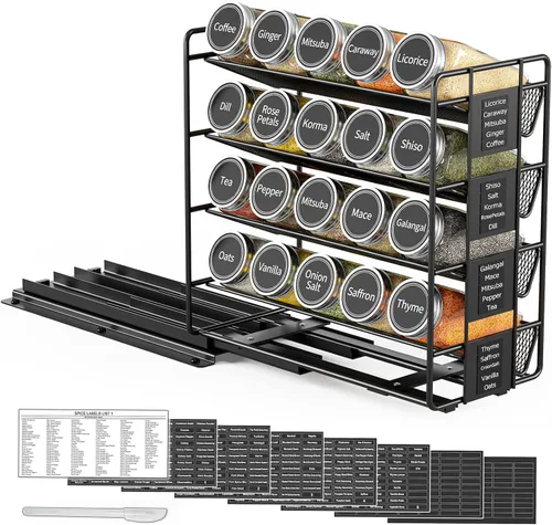 Vista 5 de SpaceAid Organizador de especias extraíble con 20 frascos, organizador de condimentos deslizante de servicio pesado para gabinetes de cocina