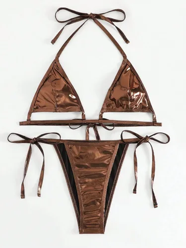 Vista 3 de WDIRARA Traje de baño metálico de 2 piezas para mujer, con micro triángulo, halter con lazo