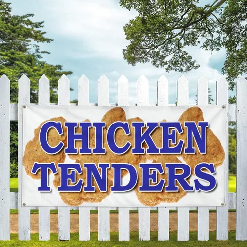 Vista 5 de Vinyl Banner Multiple Sizes Chicken Tenders Food Fair Truck Restaurant Food & Beverage Outdoor Weatherproof Industrial Yard Signs Blue 4 Grommets