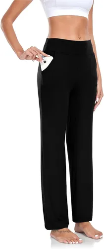 Vista 4 de ADANIKI Pantalones de yoga para mujer con bolsillos, pantalones de cintura alta con corte de bota y pierna recta para mujer, pantalones deportivos